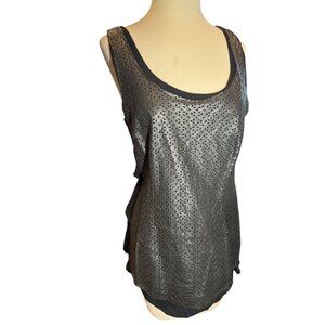 Ecru Black Leather Laser Cut Long Scoop Neck Tank Top